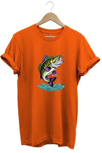 WİDİ Fishing Fishing Perch Fish Printed Hunter 100% Cotton Regular Fit Unisex T-Shirt