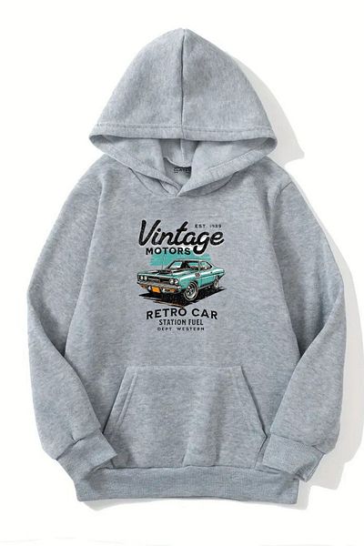 Sweetline Unisex Gray Hooded Sweatshirt – Vintage Motor, Thick Fabric with Raised Letters