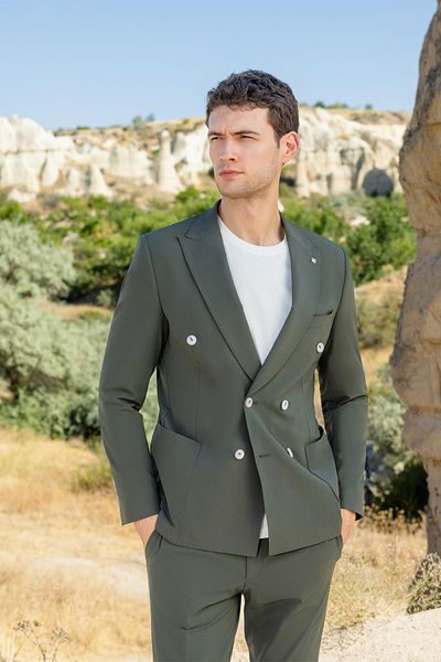 Morven Men's Khaki Polyamide Trend Double Breasted Slim Fit Pointed Collar Suit