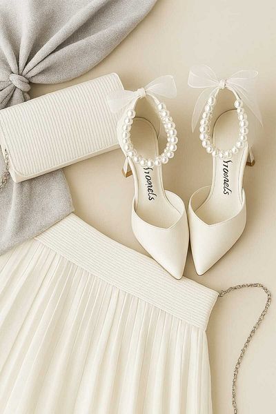 Famels Short 7 cm Heels Shoes Pearl Model White Shoes, Evening Dress Shoes for Special Occasions