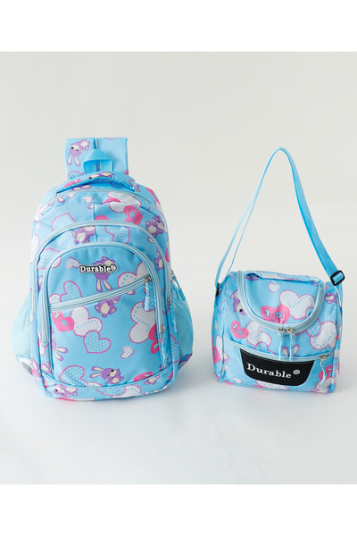 Fab N Funky Love Themed Backpack with Lunch Bag, Eye Catching Design, Blue - 17 Inches