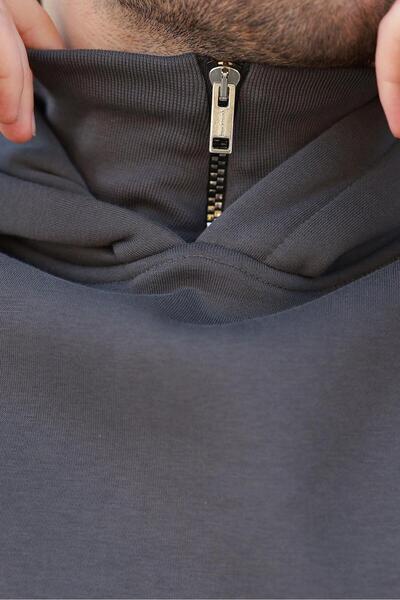 Madmext Füme Kapüşonlu Fermuar Yaka Desenli Erkek Sweatshirt E7162