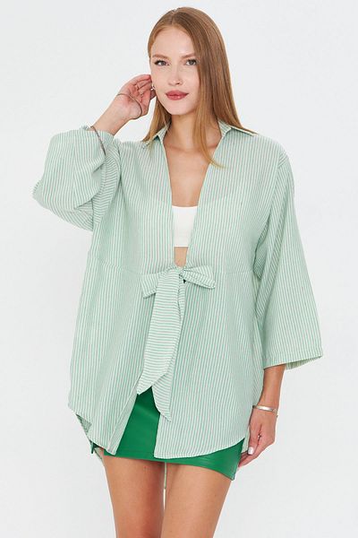 armonika Women's Green Striped Front Tie Kimono Shirt Arm-25Y001085