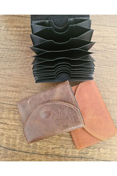 Muhtalif Markalar حامل بطاقات أفقي من الجلد الطبيعي بلون أسمر - محفظة بسيطة ل...