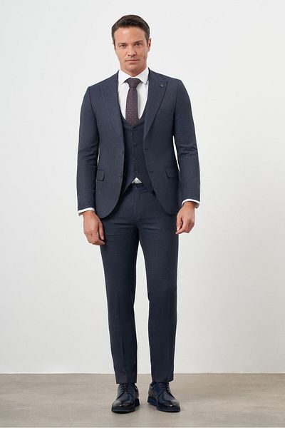 Morven Men's Navy Blue Polyviscon Trend Vest Patterned Slim Fit Pointed Collar Suit