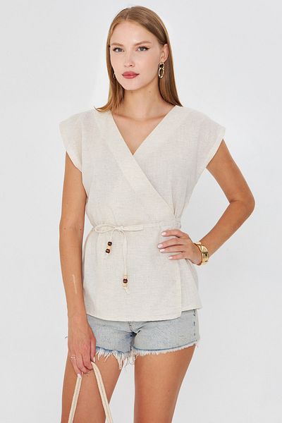 armonika Women's Cream Double Breasted Waist Tie Linen Look Blouse Arm-25Y001080