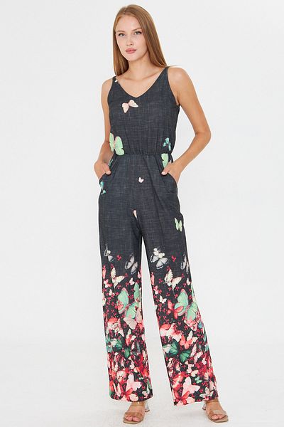 armonika Women's Pomegranate Flower Front Back V Strap Jumpsuit with Elastic Waist and Pockets Arm-25Y001035