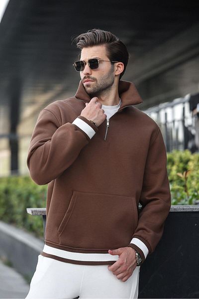 Madmext Brown Zippered Stand Collar Kangaroo Pocket Men's Sweatshirt E7159