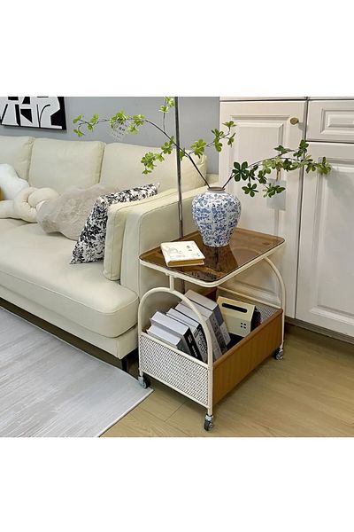 Herum Mobile coffee table, glass top, metal frame, storage space, Herum, Cream, 55 x 36 x 57 cm