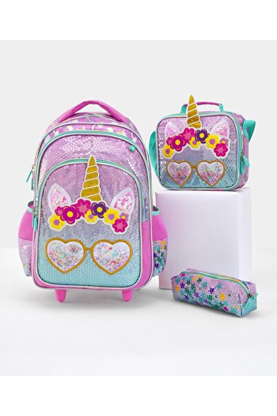 Fab N Funky Heart Themed Backpack with Lunch Bag and Pencil Pouch, Pink and Blue, 3 Pieces - 17 Inches