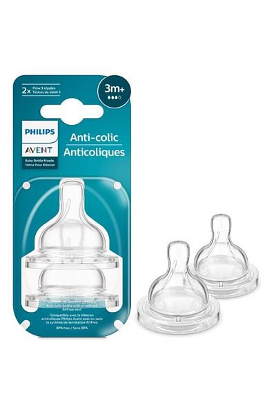 Philips Avent Set 2 tetine Philips Avent Anti-colic SCY763/02, +3 months, Flow 3 (Transparent)