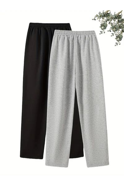 LOSSİA 2 Pieces Double Colorwomen's Black Gray Baggy Plus Size Loose Cut Quality Flexible Comfortable Fabric Sweatpantsyus