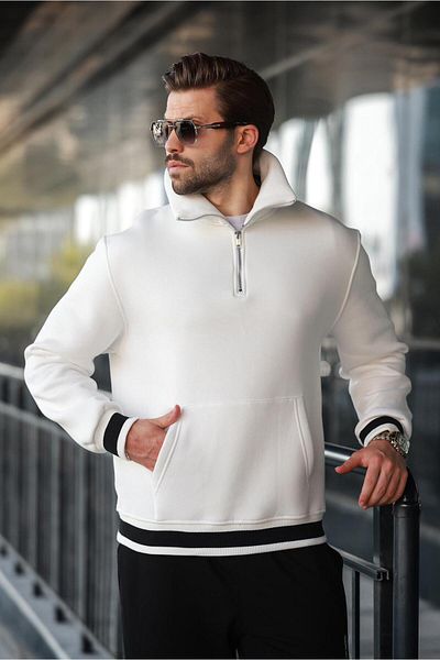 Madmext Ecru Zippered Stand Collar Kangaroo Pocket Men's Sweatshirt E7159