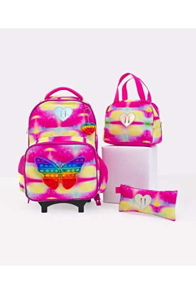 Fab N Funky Butterfly Theme Trolley Backpack with Lunch Bag and Pencil Pouch, 6 Years+, Pink, 3 Pieces