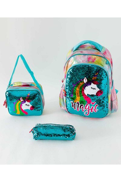 Fab N Funky Kids Backpack with Lunch Bag and Pencil Pouch, Unicorn Theme, Multicolor, Pack of 3 - 17 Inches