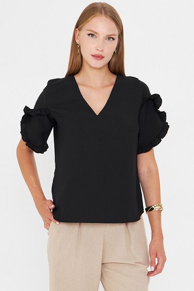armonika Women Black V Neck Ruffled Short Sleeve Blouse Arm-25Y001090