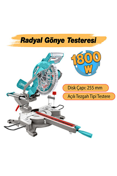 TOTAL Açılı Radyal Gönye Kesme Testeresi Makinesi 255 mm 1800 W Elektrikli Marangoz Tezgah Tipi Mobilya