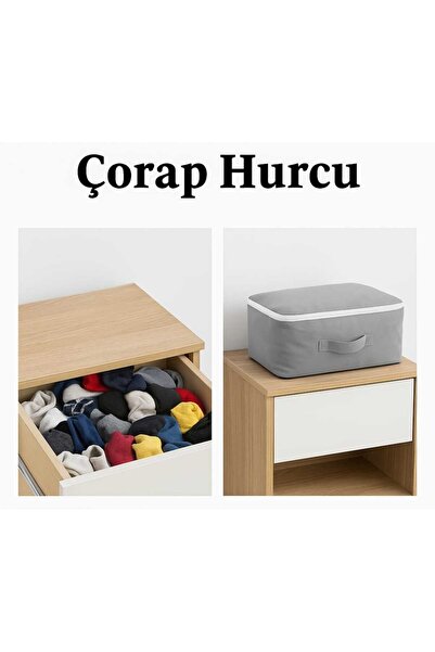 YELLOW STARY HOME DECOR (1 adet) Çorap Hurcu Gri Kumaş Organizer Fermuarlı Saklama Hurcu Çekmece İçi Düzenleyici 29x24x17cm