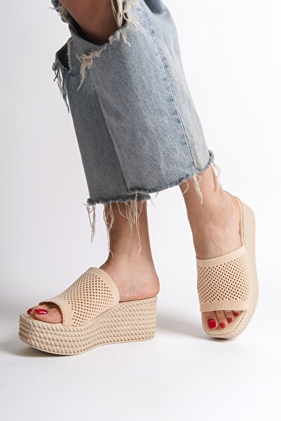 EBRUS TREND Jet-Marla Wedge Heeled Orthopedic Sole Straw Look Knitwear Women's Slippers Tkt - Skin