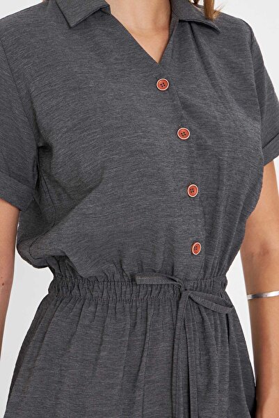 armonika Women's Anthracite Elastic Waist Short Sleeve Shirt Dress Arm-23Y001035