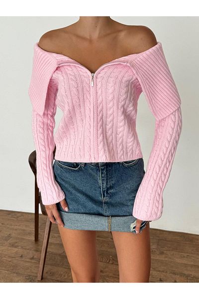 fujya Open Collar Zippered Trend Cardigan Pink