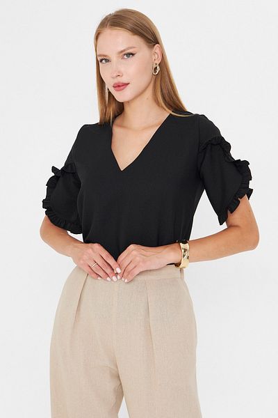 armonika Women Black V Neck Ruffled Short Sleeve Blouse Arm-25Y001090