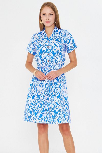 armonika Women's Saks Elastic Waist Patterned Short Sleeve Shirt Dress Arm-23Y001079