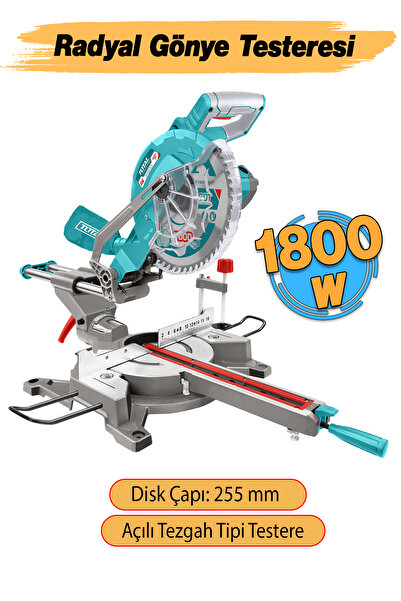 TOTAL Açılı Radyal Gönye Kesme Testeresi Makinesi 255 mm 1800 W Elektrikli Marangoz Tezgah Tipi Mobilya