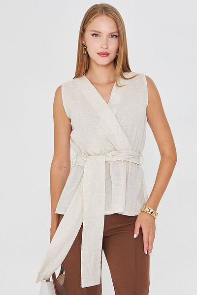 armonika Women's Cream Double Breasted Collar Skirt Ruffled Belted Linen Look Blouse Arm-25Y001093