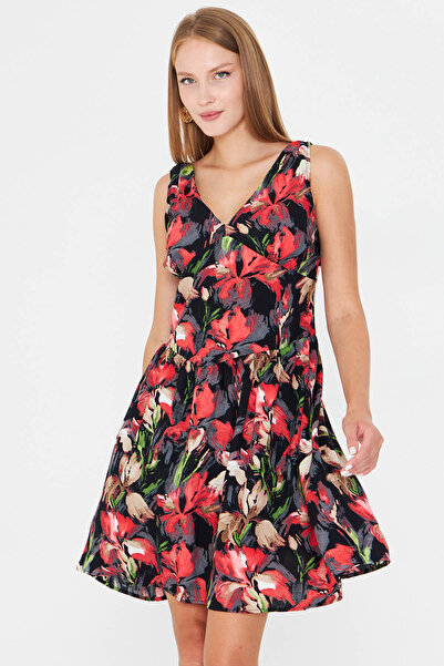 armonika Women's Red V-Neck Corset Detailed Zipper Dress Arm-25Y001075