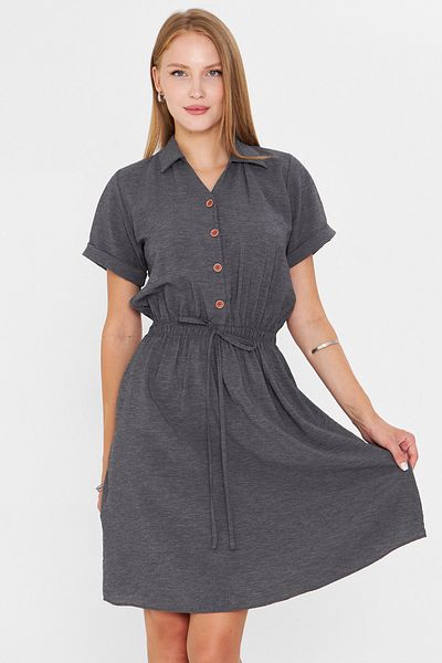 armonika Women's Anthracite Elastic Waist Short Sleeve Shirt Dress Arm-23Y001035
