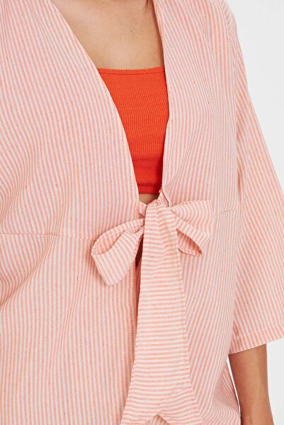 armonika Γυναικείο πουκάμισο κιμονό με πορτοκαλί ριγέ μπροστινό δέσιμο ARM-25Y001085