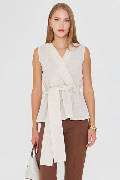 armonika Women's Cream Double Breasted Collar Skirt Ruffled Belted Linen Look Blouse Arm-25Y001093