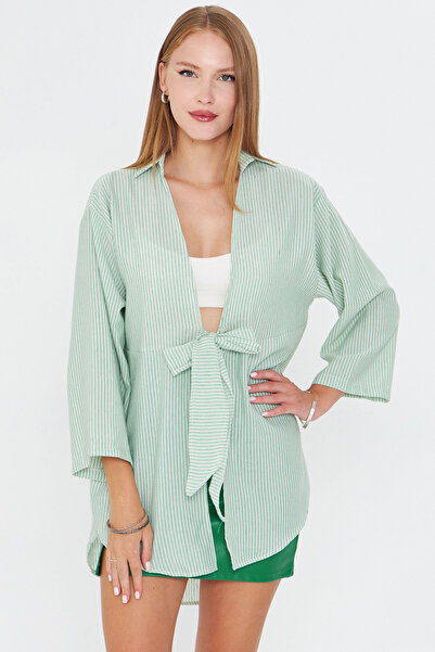 armonika Γυναικείο πουκάμισο κιμονό με πράσινο ριγέ μπροστινό δέσιμο ARM-25Y001085