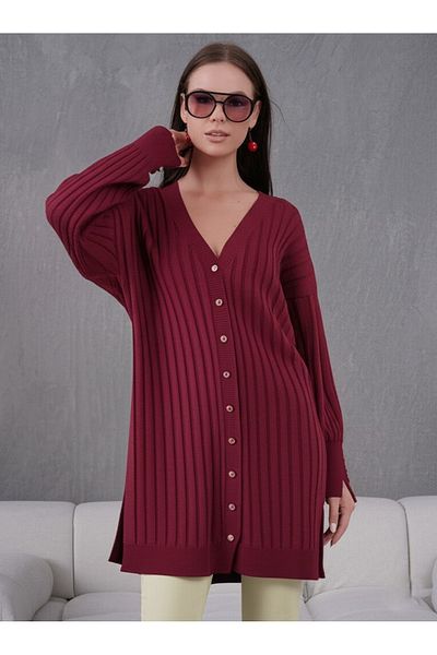 FLEX FASHION Women's Trend Thin Textured V-Neck 85 cm Pocketless Popular Long Cardigan (Claret Red)