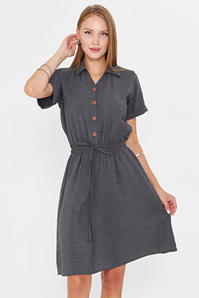 armonika Women's Anthracite Elastic Waist Short Sleeve Shirt Dress Arm-23Y001035