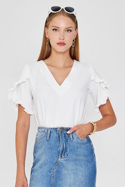 armonika Women's White V Neck Ruffled Short Sleeve Blouse Arm-25Y001090