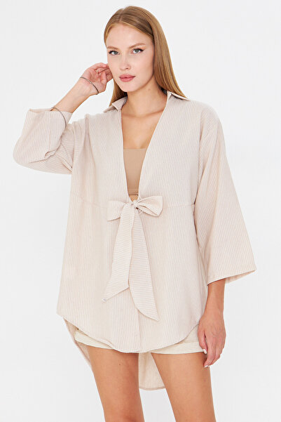 armonika Γυναικείο πουκάμισο κιμονό με ανοιχτό μπεζ ριγέ μπροστινό δέσιμο ARM-25Y001085