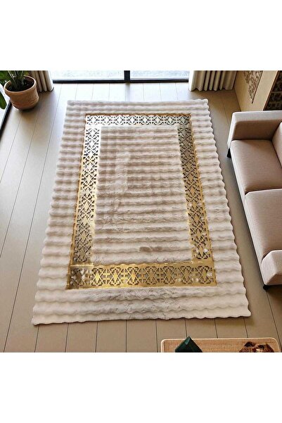 deco marié Krem Rengi Modern Desenli Peluş Halı, Şık Ev Halısı