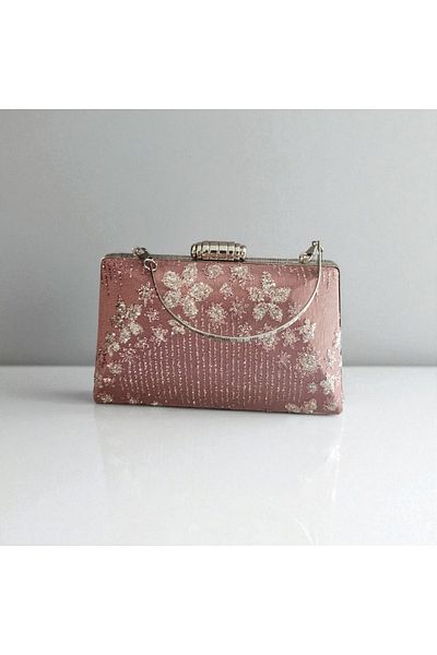 Telli Art Pink Patterned Fabric Clutch – Sparkling Evening Bag with Silver Case 14×22