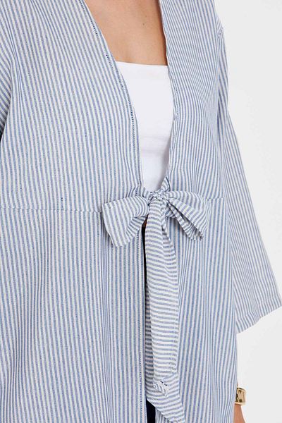 armonika Women's Navy Blue Striped Front Tie Kimono Shirt Arm-25Y001085