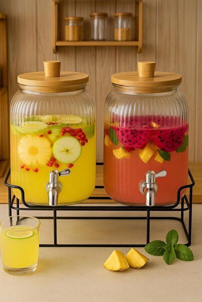 SEYDİ 2'li Cam Şerbetlik Seti – Musluklu, Bambu Kapaklı, Standlı Soğuk İçecek...