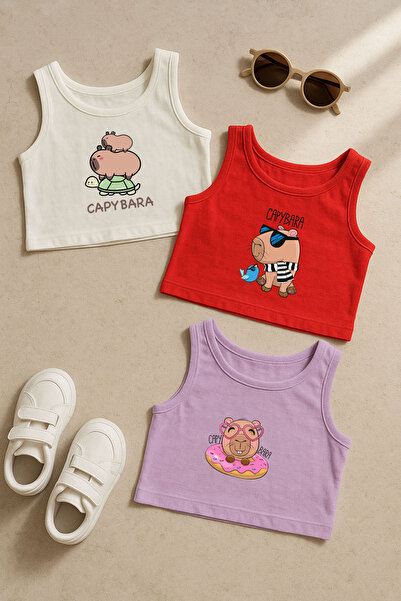 TARZ STİL Capybara Temalı 3'lü Kız Çocuk Crop Set 24275-24274-24265