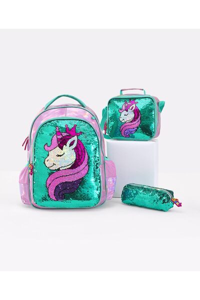 Fab N Funky Backpack Set, Backpack with Lunch Bag & Pouch, Unicorn Themed, Green and Pink, 3 Pieces - 16 Inches