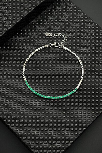 FRNCH 925 Ayar Gümüş İtalyan Model Zirkon Taşlı Yeşil Renk Erkek Bileklik FRJ...