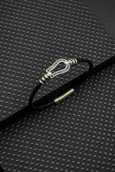 FRNCH 925 Ayar Gümüş ve Derili Zirkon Taşlı Siyah Renk Erkek Bileklik FRJ1262...