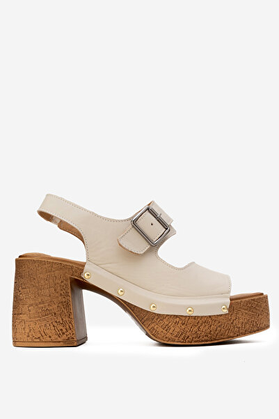 Dericlub Women's Platform Heel Clogs Sandals Real Leather Zy 8247 Beige