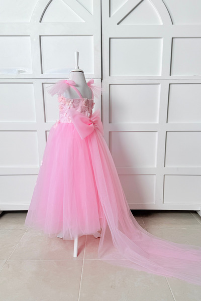 modabesta Pembe 3 Boyutlu Çiçekli Kız Çocuk Abiye ve Parti Elbisesi