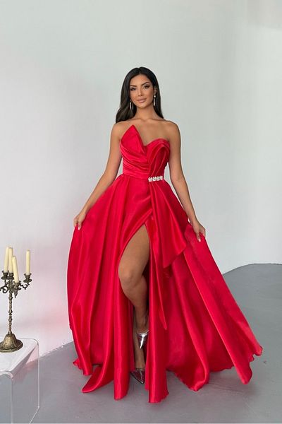 İyem Abiye Organza Princess Waist Stone Design Evening Dress Tight Fit
