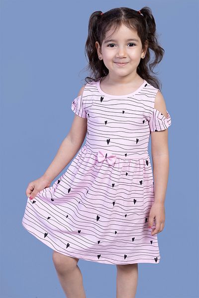 Toontoy Girl's Heart Patterned Dress with Sleeves Detail